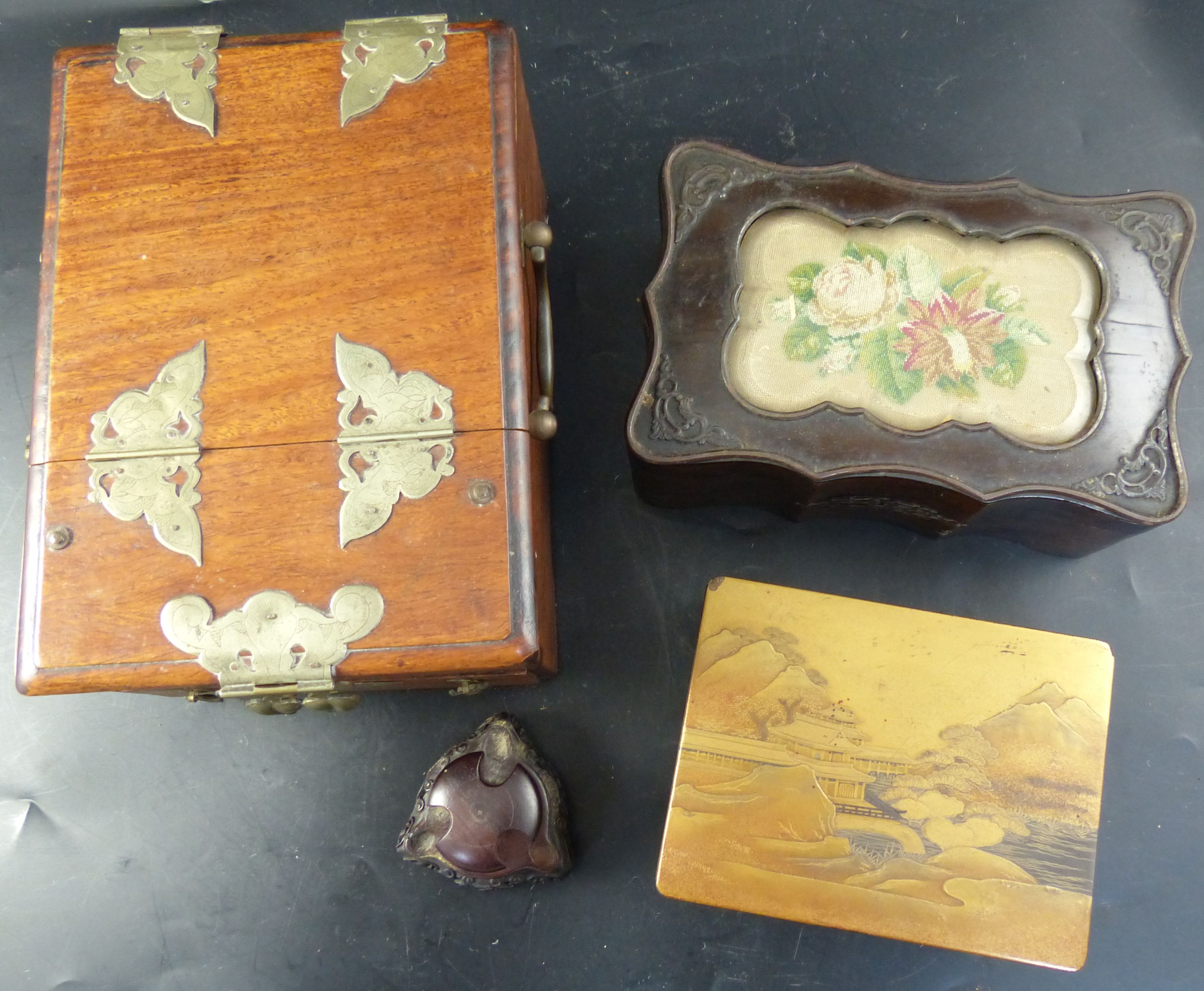 A Japanese Meiji period gold lacquer casket, toilet box, cigarette box & hardwood stand